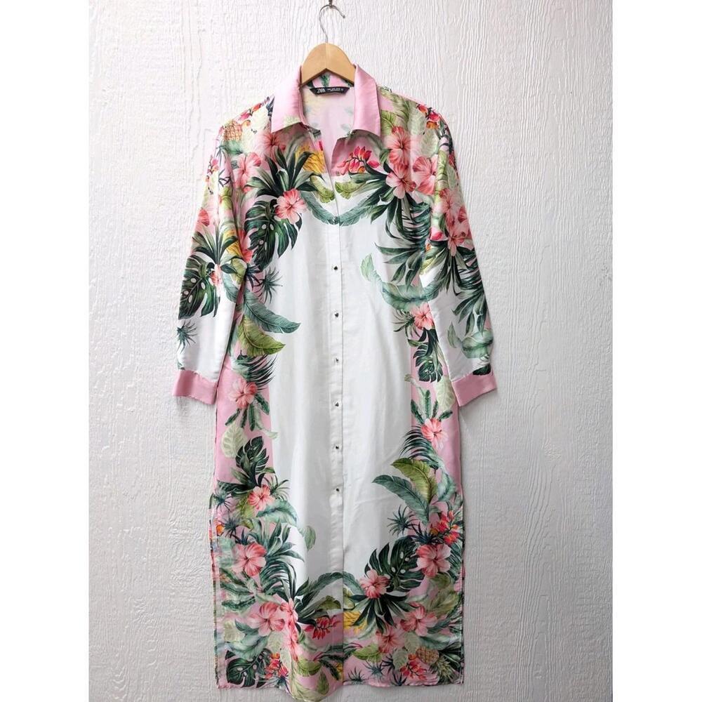 Zara Tropical Print Shirt Dress Lightweight Beach Travel Size Small